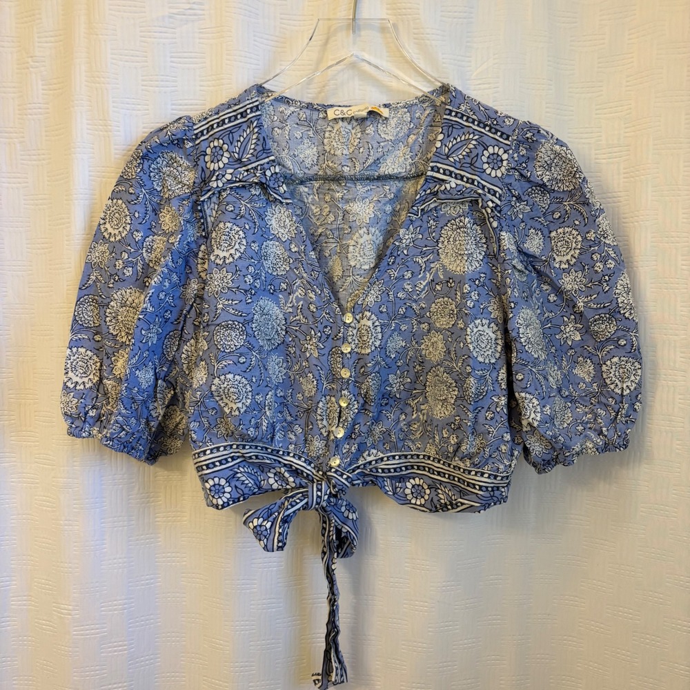 C&C California Blue‎ White Floral Linen Blend Puff Sleeve Tie Front Crop Top M